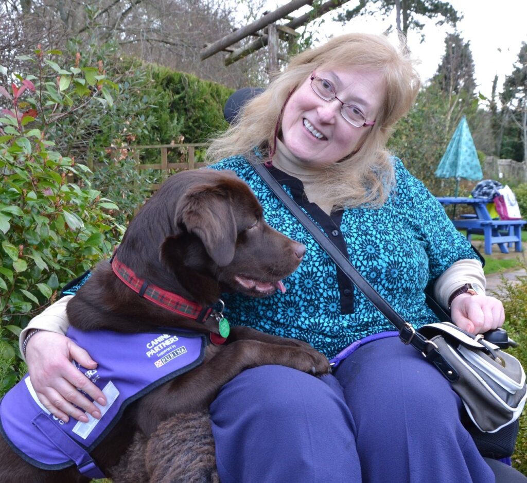 Lady in a wheelchair in a garden with a brown labrador assistance dog with it's front legs on her lap